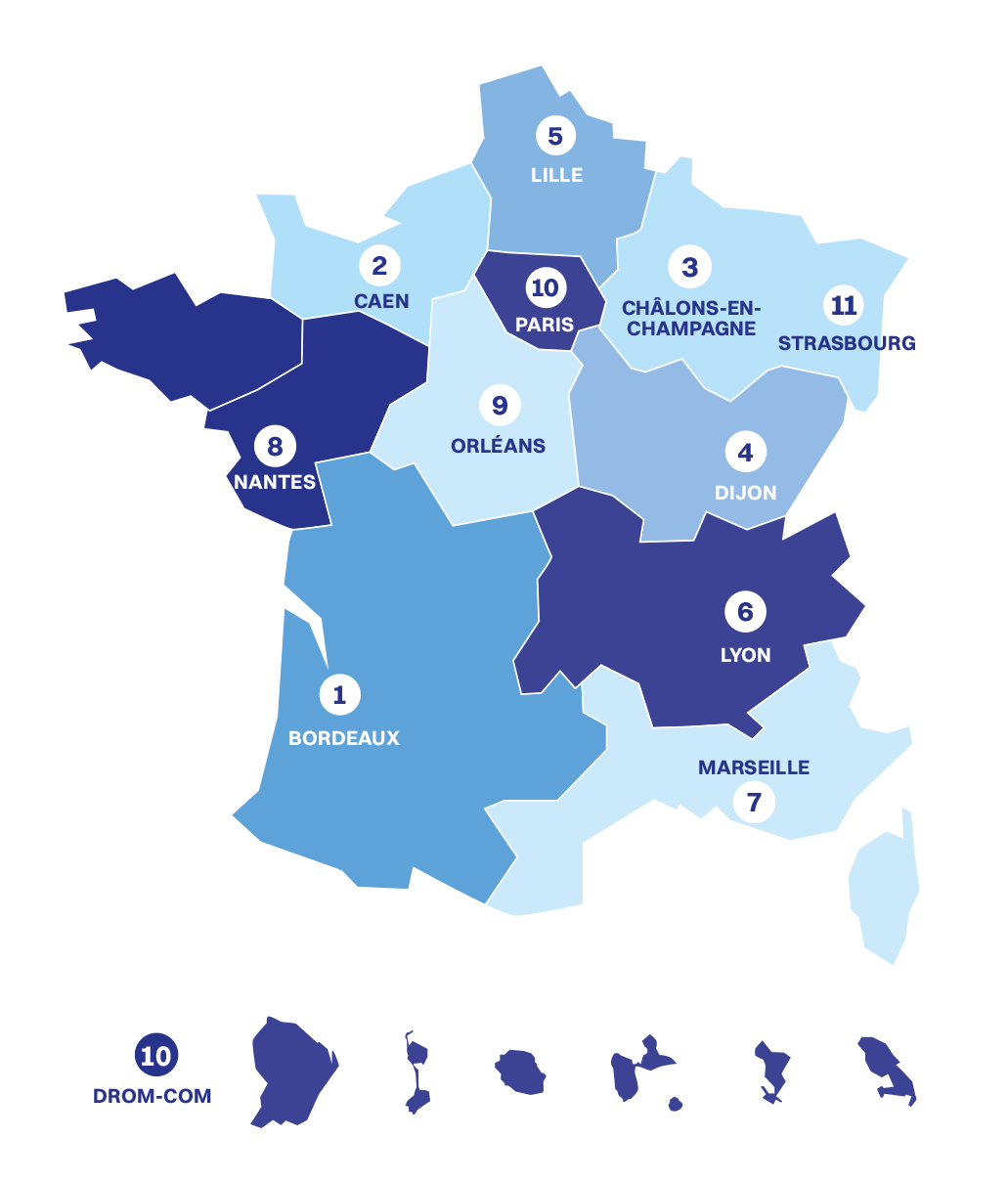 11 Divisions : 1 - Bordeaux, 2 - Caen, 3 - Châlons-en-Champagne, 4 - Dijon, 5 - Lille, 6 - Lyon, 7 - Marseille, 8 - Nantes, 9 - Orléans, 10 - Paris, 11 - Strasbourg
