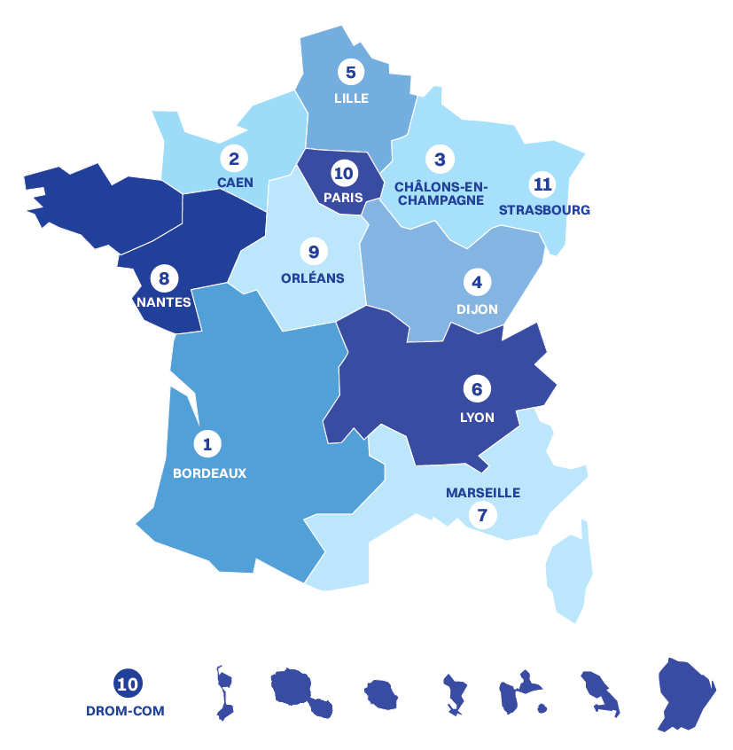 11 Divisions : 1 - Bordeaux, 2 - Caen, 3 - Châlons-en-Champagne, 4 - Dijon, 5 - Lille, 6 - Lyon, 7 - Marseille, 8 - Nantes, 9 - Orléans, 10 - Paris, 11 - Strasbourg